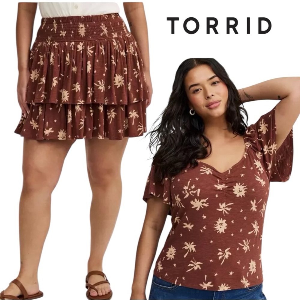 Torrid Brown Palm Print Smocked Skirt & Matching Top Set – Size 2